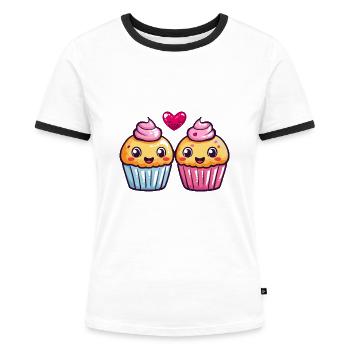 Cupcake Paar Liebe Herz Lustig - Frauen Kontrast-T-Shirt - Weiß/Schwarz - Vorne - Selfina (174cm)