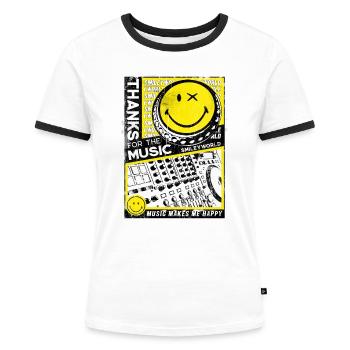 Smiley für Musikliebhaber mit Dj Mischpult - Frauen Kontrast-T-Shirt - Weiß/Schwarz - Vorne - Selfina (174cm)