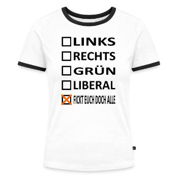Links,Rechts,Grün,Liberal-Politik Satire Version 1 - Frauen Kontrast-T-Shirt - Weiß/Schwarz - Vorne - Selfina (174cm)