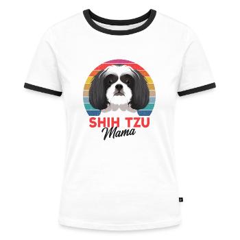 Shih Tzu - Dame kontrast-T-shirt - hvid/sort - Foran - Selfina (174cm)