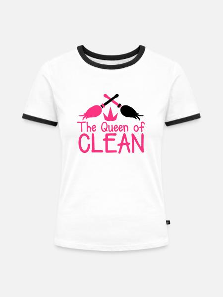 The QUEEN of CLEAN mother hot pink with brooms - Women's Ringer T-Shirt - white/black