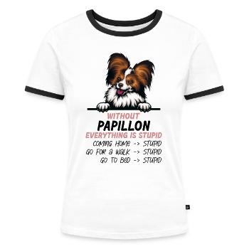Ohne Papillon ist alles doof - Frauen Kontrast-T-Shirt - Weiß/Schwarz - Vorne - Selfina (174cm)