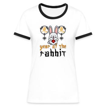 Personnage de lapin chinois Nouvel An - T-shirt contrasté Femme - blanc/noir - Devant - Selfina (174cm)