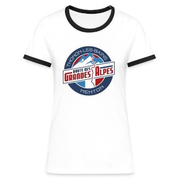 Route des Grandes Alpes | Thonon - Menton - Frauen Kontrast-T-Shirt - Weiß/Schwarz - Vorne - Selfina (174cm)