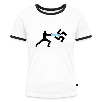 Contre les nazis - Une onde de choc détruit les nazis - Antifa - T-shirt contrasté Femme - blanc/noir - Devant - Selfina (174cm)
