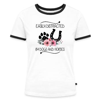 Fleur facilement distraite par les chiens et les chevaux - T-shirt contrasté Femme - blanc/noir - Devant - Selfina (174cm)