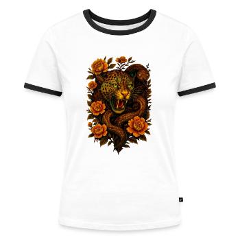 Fauchender Leopard & Schlange im Retro Design - Frauen Kontrast-T-Shirt - Weiß/Schwarz - Vorne - Selfina (174cm)