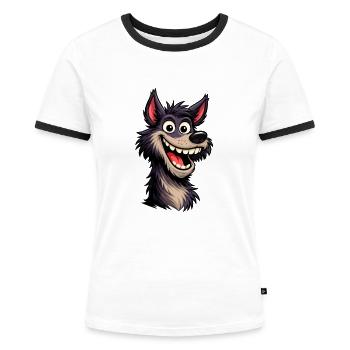 Verrückter Cartoon-Wolf mit breitem Grinsen - Frauen Kontrast-T-Shirt - Weiß/Schwarz - Vorne - Selfina (174cm)
