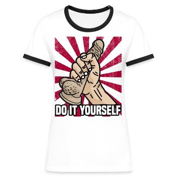 DO IT YOURSELF DILDO Strapon Umschnall Dildos - Frauen Kontrast-T-Shirt - Weiß/Schwarz - Vorne - Selfina (174cm)