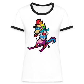 Skifahrendes Einhorn Ski Fahrer Skiurlaub - Frauen Kontrast-T-Shirt - Weiß/Schwarz - Vorne - Selfina (174cm)