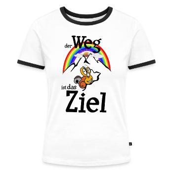 Der Weg ist das Ziel Wander Schnecke - Frauen Kontrast-T-Shirt - Weiß/Schwarz - Vorne - Selfina (174cm)