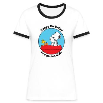 Peanuts Birthday Design Golden Oldie With Snoopy - Women's Ringer T-Shirt - white/black - Front - Selfina (174cm)