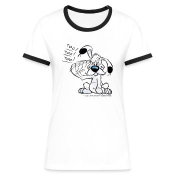 Asterix & Obelix Idefix Klopft Toc Toc Toc - Frauen Kontrast-T-Shirt - Weiß/Schwarz - Vorne - Selfina (174cm)