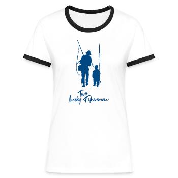 Vater und Sohn beim Angeln - Frauen Kontrast-T-Shirt - Weiß/Schwarz - Vorne - Selfina (174cm)