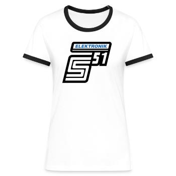 Simson S51 Elektronik Emblem (Farben änderbar) - Frauen Kontrast-T-Shirt - Weiß/Schwarz - Vorne - Selfina (174cm)