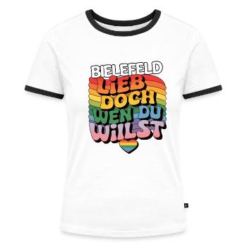 Bielefeld: Lieb Doch Wen Du Willst - LGBTQ - Frauen Kontrast-T-Shirt - Weiß/Schwarz - Vorne - Selfina (174cm)