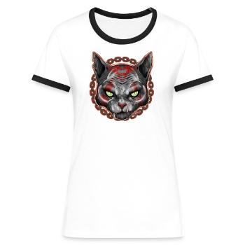 CHARIVARI Alley Katze V1 - Totenkopf - Frauen Kontrast-T-Shirt - Weiß/Schwarz - Vorne - Selfina (174cm)