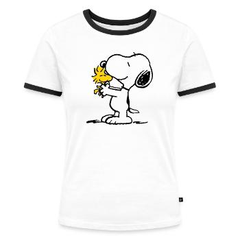 Peanuts Snoopy Et Woodstock - T-shirt contrasté Femme - blanc/noir - Devant - Selfina (174cm)