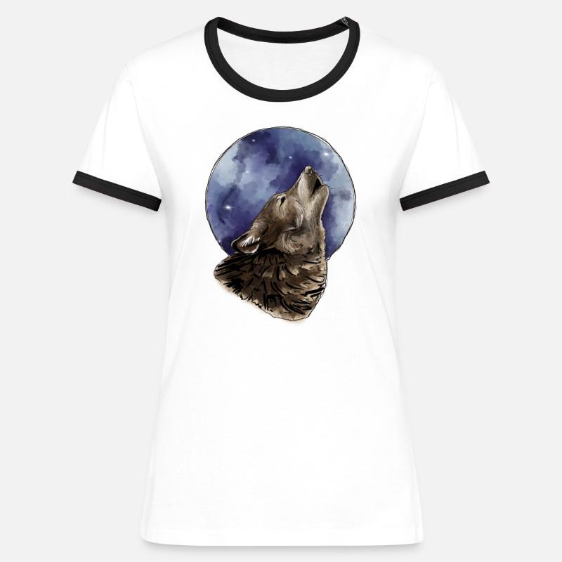 Wolf And Moon - Women's Ringer T-Shirt - white/black