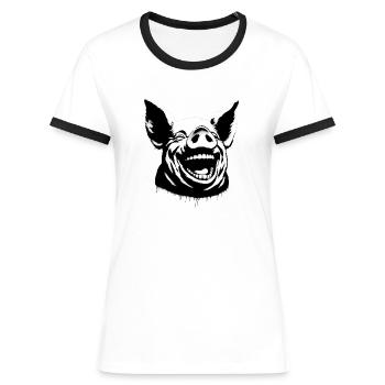 Laughing Pig - Women's Ringer T-Shirt - white/black - Front - Selfina (174cm)