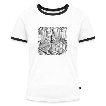 MC Escher Zeichnung des Eiffelturms - Frauen Kontrast-T-Shirt - Weiß/Schwarz - Vorne - Selfina (174cm)