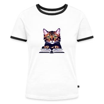 Katze Lesen Hauskatze Bücher Kater Buch Kätzchen - Frauen Kontrast-T-Shirt - Weiß/Schwarz - Vorne - Selfina (174cm)