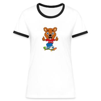 SKATEN - SKATEBOARD - FUNSPORT - TEDDY - BÄR - Frauen Kontrast-T-Shirt - Weiß/Schwarz - Vorne - Selfina (174cm)