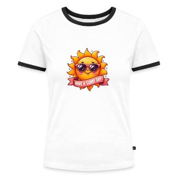 Kühle Sonne "Hab einen sonnigen Tag!" - Frauen Kontrast-T-Shirt - Weiß/Schwarz - Vorne - Selfina (174cm)
