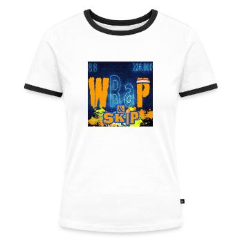 "WRAP & SKIP" Design von ALLEYHOP - Frauen Kontrast-T-Shirt - Weiß/Schwarz - Vorne - Selfina (174cm)