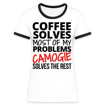 Camogie: Koffie lost de meeste van mijn problemen op - Vrouwen contrastshirt - wit/zwart - Voor - Selfina (174cm)