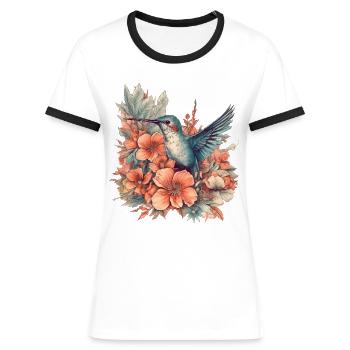 Kolibri mit tropischen Blumen - Frauen Kontrast-T-Shirt - Weiß/Schwarz - Vorne - Selfina (174cm)