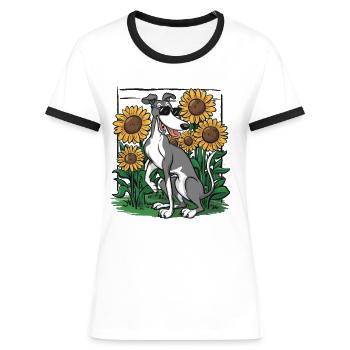 Windhund und Sonnenblumen - Frauen Kontrast-T-Shirt - Weiß/Schwarz - Vorne - Selfina (174cm)