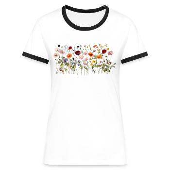 Prairie de fleurs sauvages – Fleurs d’aquarelle naturelles - T-shirt contrasté Femme - blanc/noir - Devant - Selfina (174cm)