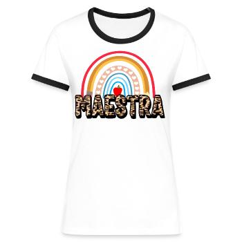 Chemise de professeur, Maestra arc en ciel Tee, fier espagnol - T-shirt contrasté Femme - blanc/noir - Devant - Selfina (174cm)
