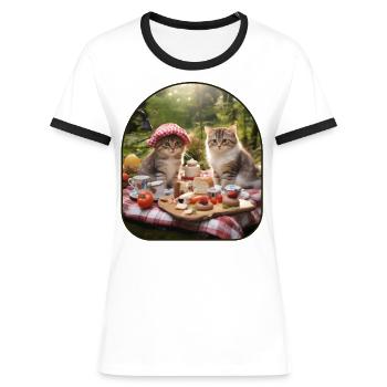 Picknickpfoten Katzen genießen ein Waldfest auf einem - Frauen Kontrast-T-Shirt - Weiß/Schwarz - Vorne - Selfina (174cm)