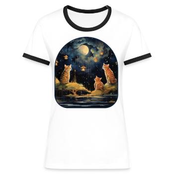 Starry Night Cats and Mushrooms Under a Celestial - Women's Ringer T-Shirt - white/black - Front - Selfina (174cm)