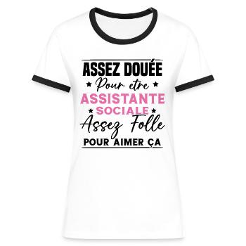 Assistante Sociale Humour Métier Idée Cadeau Femme - T-shirt contrasté Femme - blanc/noir - Devant - Selfina (174cm)