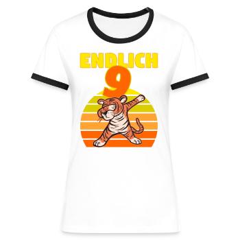 Dabbing Tiger 9 Geburtstag 9 Jahr Löwe witzig dab - Frauen Kontrast-T-Shirt - Weiß/Schwarz - Vorne - Selfina (174cm)