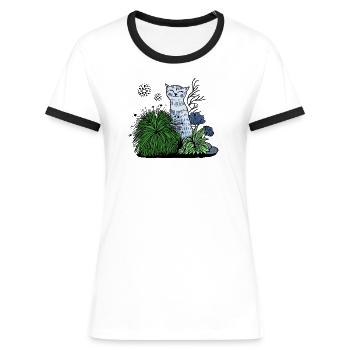 Lächelnde Katze im Blattwerk - Frauen Kontrast-T-Shirt - Weiß/Schwarz - Vorne - Selfina (174cm)
