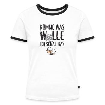 Komme was Wolle ich Schaf das - Frauen Kontrast-T-Shirt - Weiß/Schwarz - Vorne - Selfina (174cm)