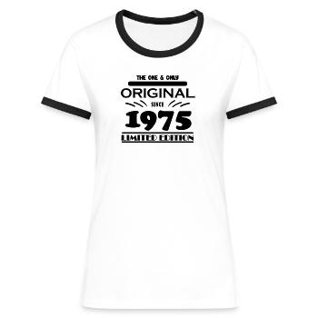 1975 - Bouwjaar 1975 - Geboren 1975 - Vrouwen contrastshirt - wit/zwart - Voor - Selfina (174cm)