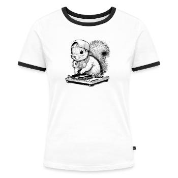 motif d’écureuil cool en tant que DJ avec des écouteurs - T-shirt contrasté Femme - blanc/noir - Devant - Selfina (174cm)