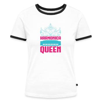 Funny Harmonica Player Queen Harmonica - Frauen Kontrast-T-Shirt - Weiß/Schwarz - Vorne - Selfina (174cm)