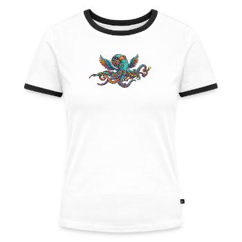 Bunter Steampunk Octopus mit Flügeln Fantasiewesen - Frauen Kontrast-T-Shirt - Weiß/Schwarz - Vorne - Selfina (174cm)