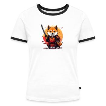 Shiba Inu Samurai in Rüstungs-Design - Frauen Kontrast-T-Shirt - Weiß/Schwarz - Vorne - Selfina (174cm)