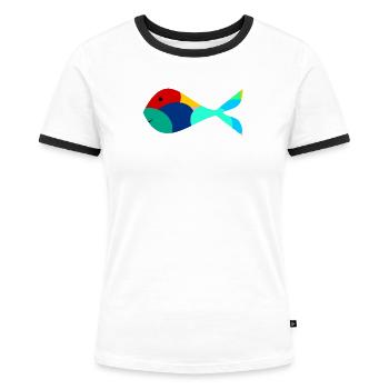FISCH. SARDINE. APRILSCHERZ. MEER. OZEAN - Frauen Kontrast-T-Shirt - Weiß/Schwarz - Vorne - Selfina (174cm)