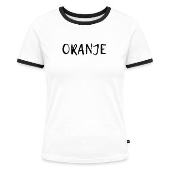 Oranje - Nederland - Niederlande - Pays-Bas - T-shirt contrasté Femme - blanc/noir - Devant - Selfina (174cm)