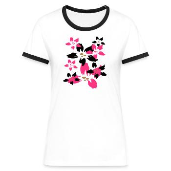 Fantaisie de fleurs colorées - T-shirt contrasté Femme - blanc/noir - Devant - Selfina (174cm)