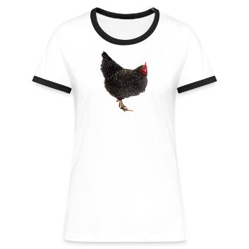 Die mit den Hühnern spricht | Sperber Huhn - Frauen Kontrast-T-Shirt - Weiß/Schwarz - Vorne - Selfina (174cm)