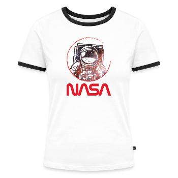 NASA Logo Und Astronaut Im Galaxie-Design - Frauen Kontrast-T-Shirt - Weiß/Schwarz - Vorne - Selfina (174cm)